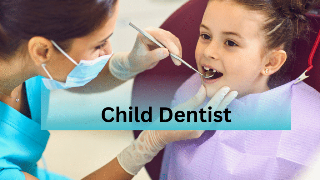 Pediatric dentist examining child’s teeth during dental visit Child smiling during a friendly dental check-up Kids dental care at a pediatric dental clinic Female pediatric dentist treating a young patient Happy child receiving gentle dental care from specialist